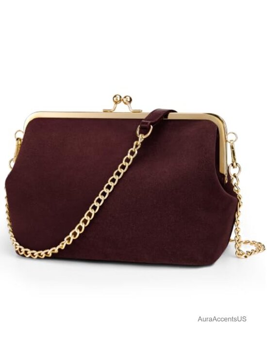 Handbags - Kiss Lock Crossbody Bag - Suede Shoulder Purse with Detachable Strap